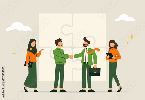 Diverse Team Collaborating, Handshake, Puzzle Pieces