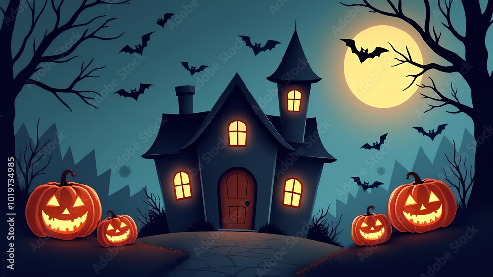 Spooky halloween background of ghost house with bats and jack-o-lanterns digital illustration Spooky halloween background of ghost house with bats and jack-o-lanterns digital illustration