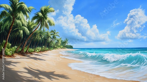 Tropical beach scene with palm trees and blue sky.