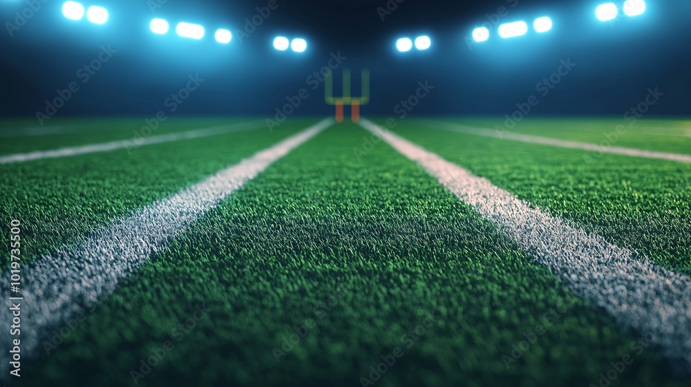 Obraz premium Night Football Field: A dramatic low-angle view of an American football field at night, illuminated by bright stadium lights, with the goalposts in the distance.