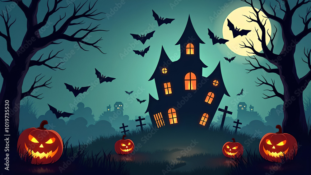 Spooky halloween background of ghost house with bats and jack-o-lanterns digital illustration Spooky halloween background of ghost house with bats and jack-o-lanterns digital illustration