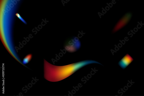 Dynamic lens flare and rainbow prism effect on transparent background. Rainbow light rays, lens flare, reflection effect from crystal, glass or gem. Blur colorful rainbow crystal light leaks.