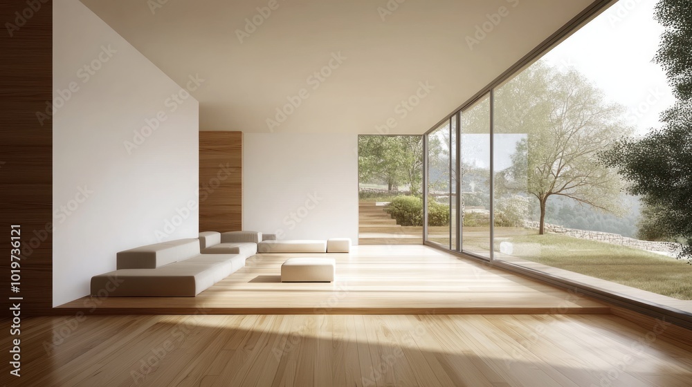 A minimalist living space featuring large windows and wooden elements, blending indoors with nature.