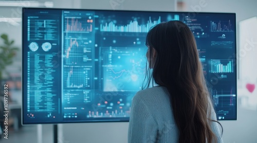 A woman analyzes digital data on a large screen in a modern workspace.