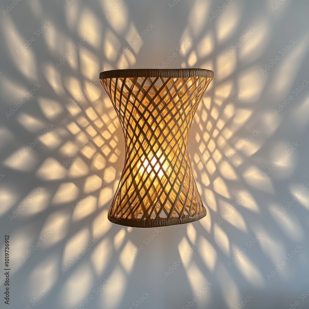 Bamboo lamp with a woven texture and shadow play on a plain white wall. Bamboo lamp with a woven texture and shadow play on a plain white wall.