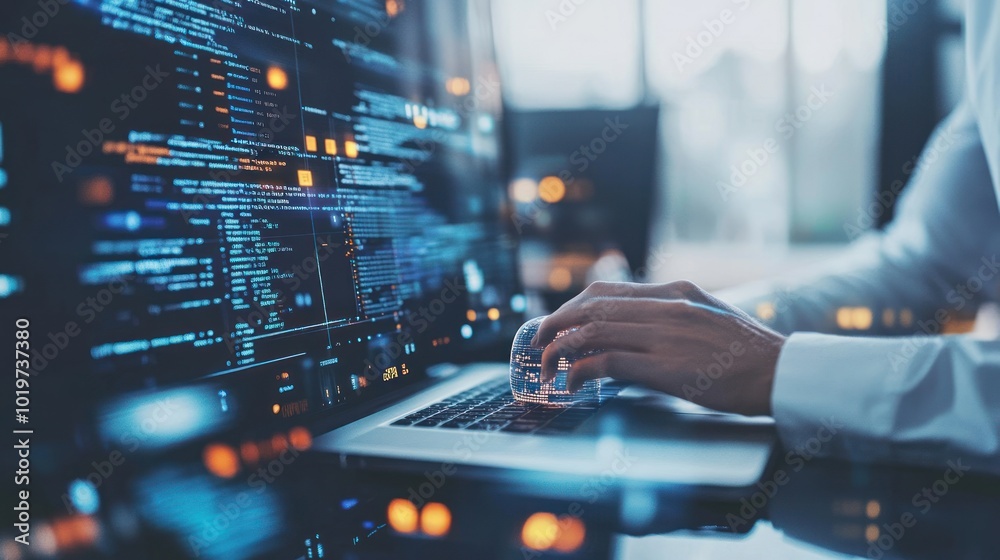 A person typing on a laptop with digital data visuals in the background. A person typing on a laptop with digital data visuals in the background.