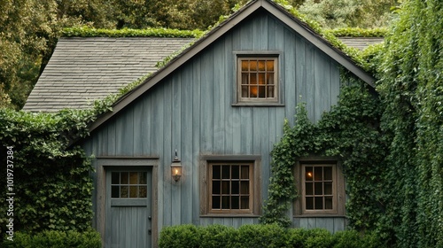 A quaint blue house surrounded by lush greenery and ivy.