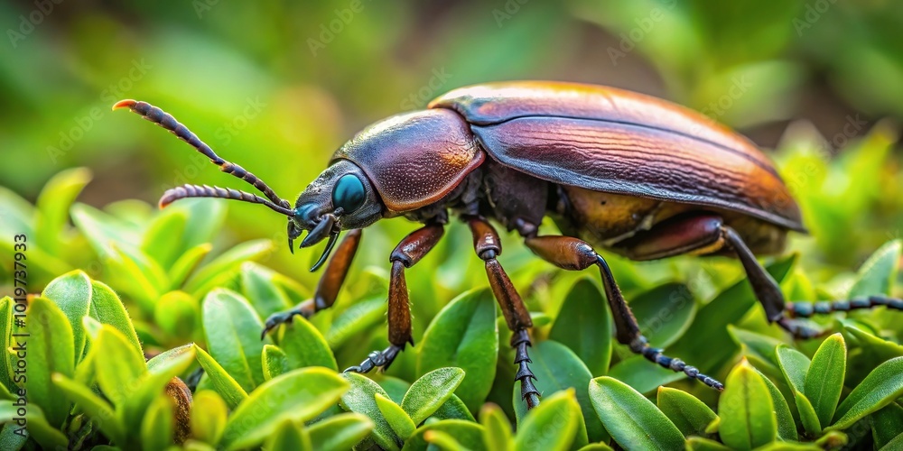 Fototapeta premium Big beetle stick of Achrioptera fallax on a green bush in wide-angle view