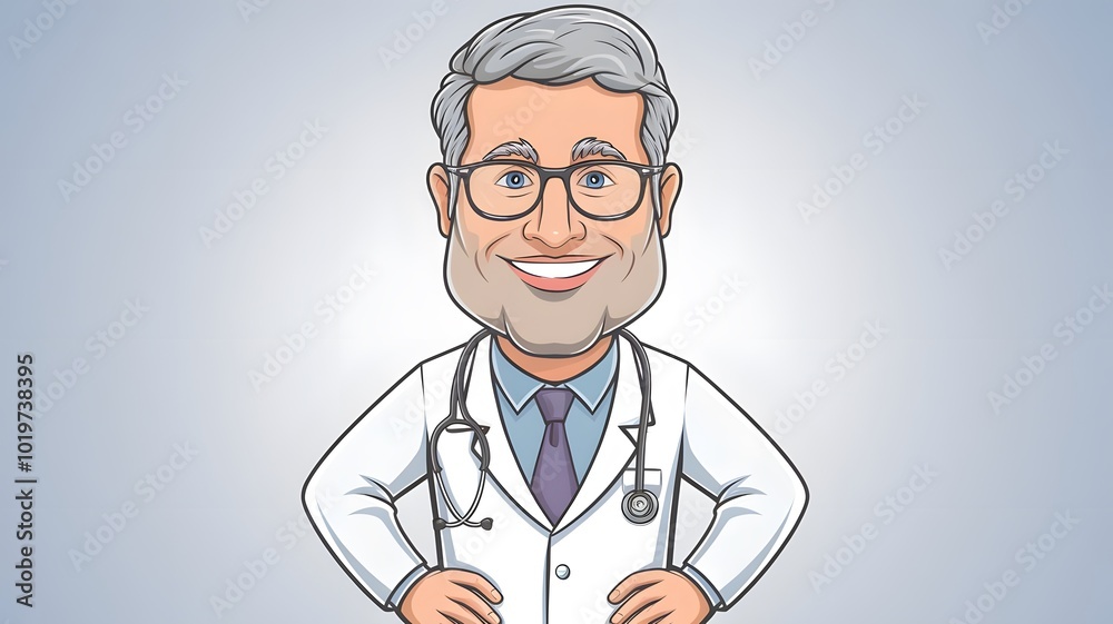 A cheerful cartoon doctor with gray hair and glasses, wearing a white coat and stethoscope, standing confidently with hands on hips, smiling. A cheerful cartoon doctor with gray hair and glasses, wearing a white coat and stethoscope, standing confidently with hands on hips, smiling.