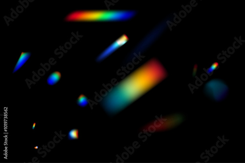 Dynamic lens flare and rainbow prism effect on transparent background. Rainbow light rays, lens flare, reflection effect from crystal, glass or gem. Blur colorful rainbow crystal light leaks.