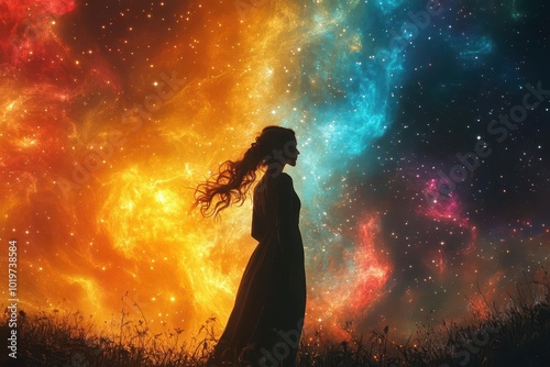 stunning depiction of a cosmic goddess silhouette against a colorful galaxy backdrop swirling stars and vibrant colors creating a mystical and spiritual ambiance in the universe