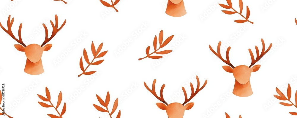 Stylized deer heads and leaves, white isolated background. Stylized deer heads and leaves, white isolated background.