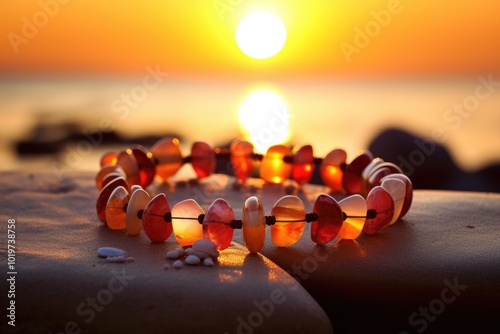 Beautiful sunset with a colorful beaded bracelet photo