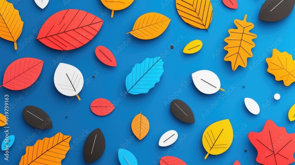 A vibrant collection of colorful paper leaves scattered on a blue background. This design features various shapes and colors, creating a playful and artistic atmosphere perfect for seasonal projects. A vibrant collection of colorful paper leaves scattered on a blue background. This design features various shapes and colors, creating a playful and artistic atmosphere perfect for seasonal projects.