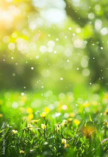 Beautiful wide format image of a pristine forest lawn spring natural background with flowers, sun burnt and copy space