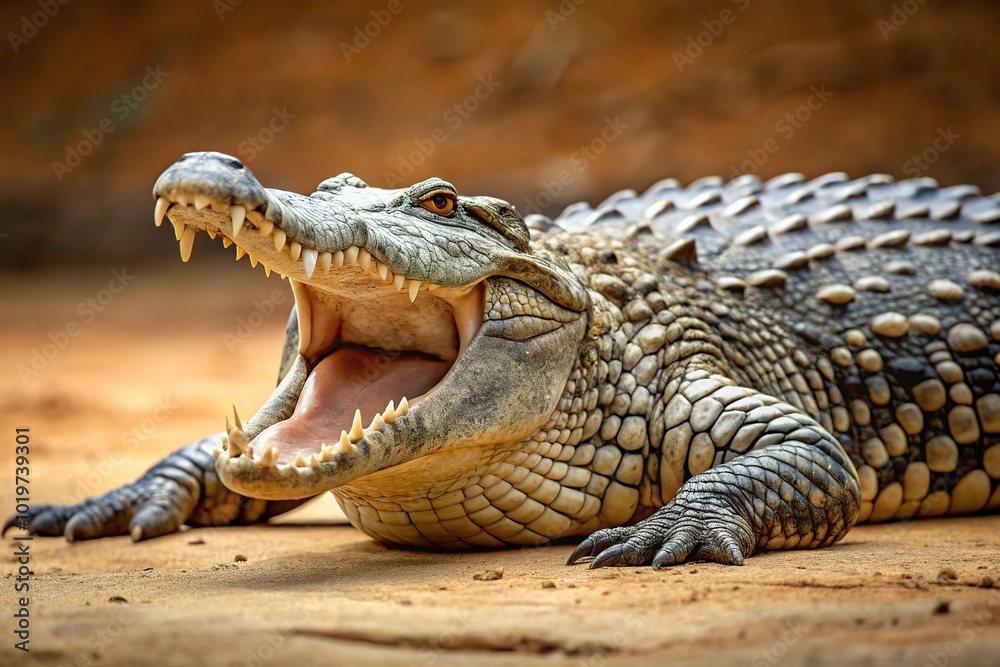 Obraz premium Big crocodile with open mouth lying down on ground, minimalist design