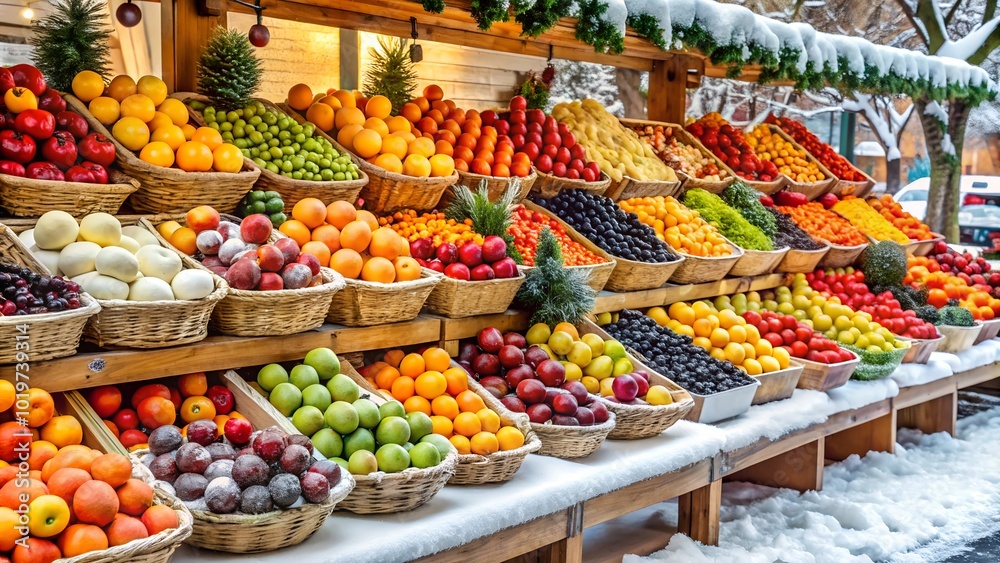A fruit stand with winter fruits. Fruits and vegetables at the market. A fruit stand with winter fruits. Fruits and vegetables at the market.