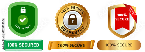 100 percent secure cyber protection stamp badge trusted guaranteed service safe assurance certification emblem colorful shield shape design icon set collection