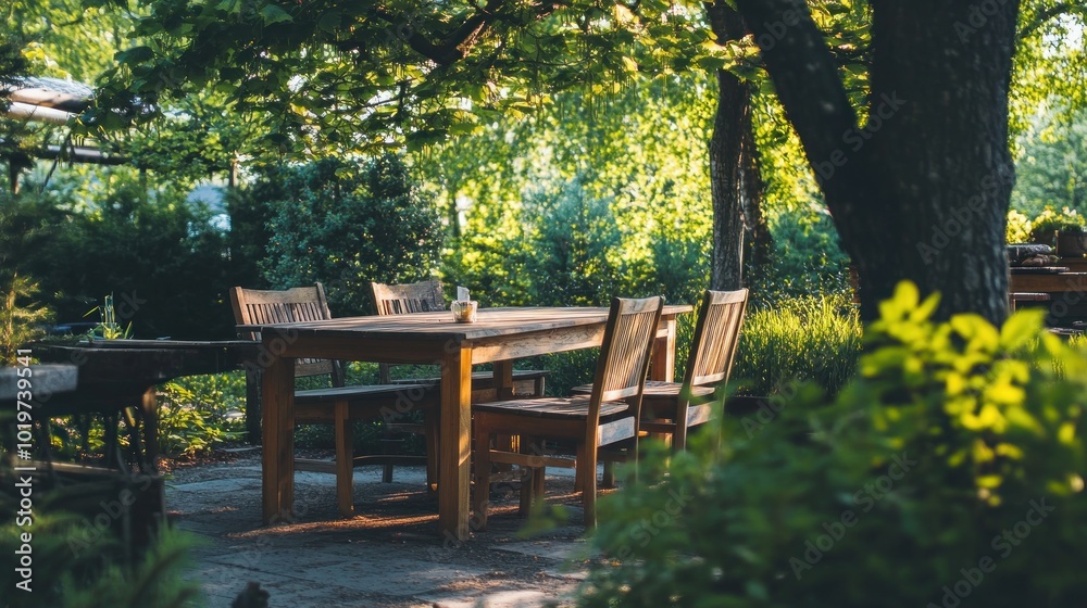 A serene outdoor dining area surrounded by greenery, perfect for gatherings. A serene outdoor dining area surrounded by greenery, perfect for gatherings.