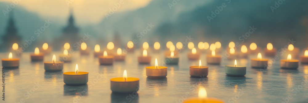 Candles illuminate a serene setting, creating a warm and inviting atmosphere. Candles illuminate a serene setting, creating a warm and inviting atmosphere.