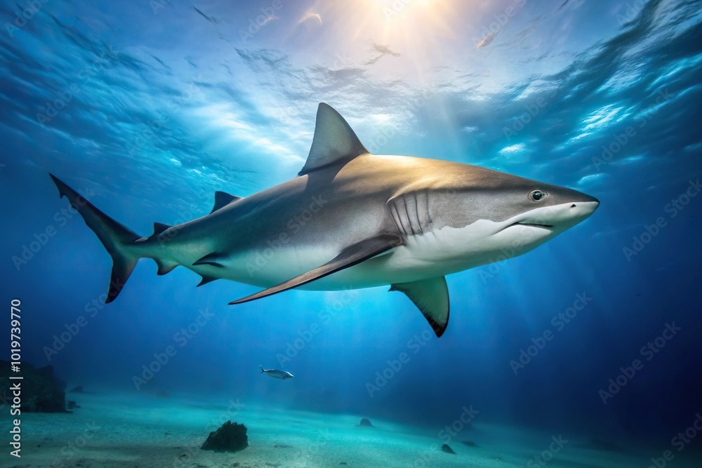 Big bull shark swimming in the clear blue waters of the Atlantic Ocean with low angle view Big bull shark swimming in the clear blue waters of the Atlantic Ocean with low angle view
