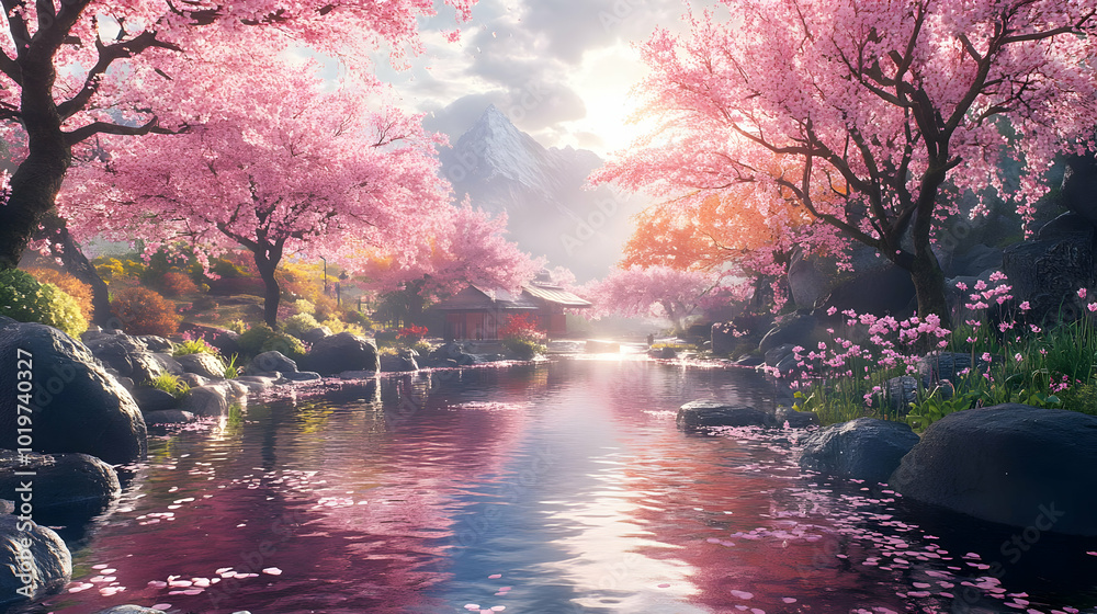 Scenic Springtime Landscape with Cherry Blossoms and River - 3D Illustration