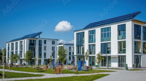 Modern eco-friendly buildings with solar panels in a green urban setting.