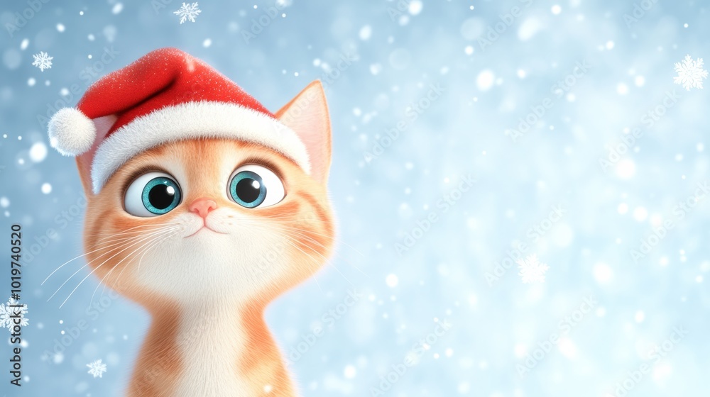 Cute Christmas Cat in Santa Hat Surrounded by Snowflakes in Winter Wonderland Cute Christmas Cat in Santa Hat Surrounded by Snowflakes in Winter Wonderland
