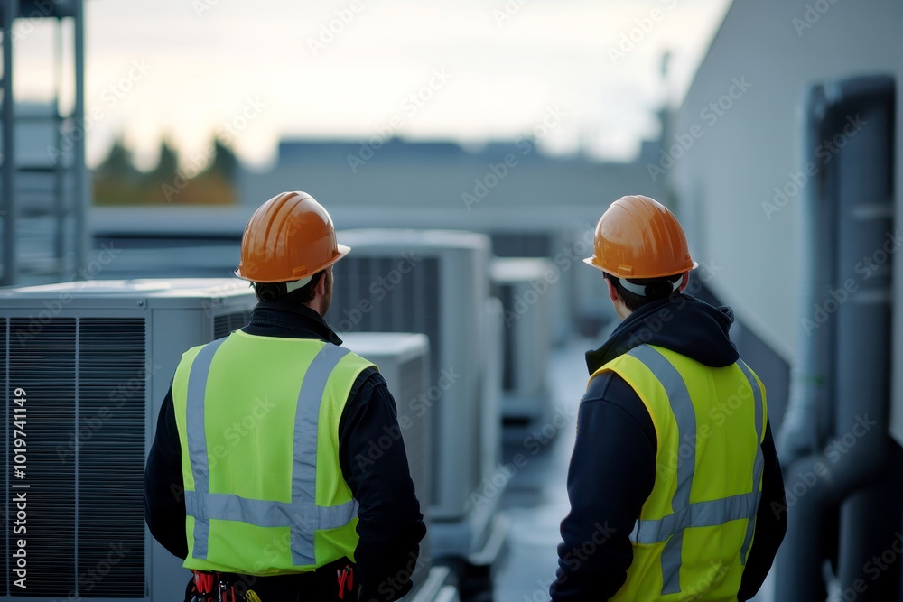 HVAC technicians in hard hats and reflective vests standing by air conditioning units on a rooftop, one smiling at the camera. HVAC technicians in hard hats and reflective vests standing by air conditioning units on a rooftop, one smiling at the camera.