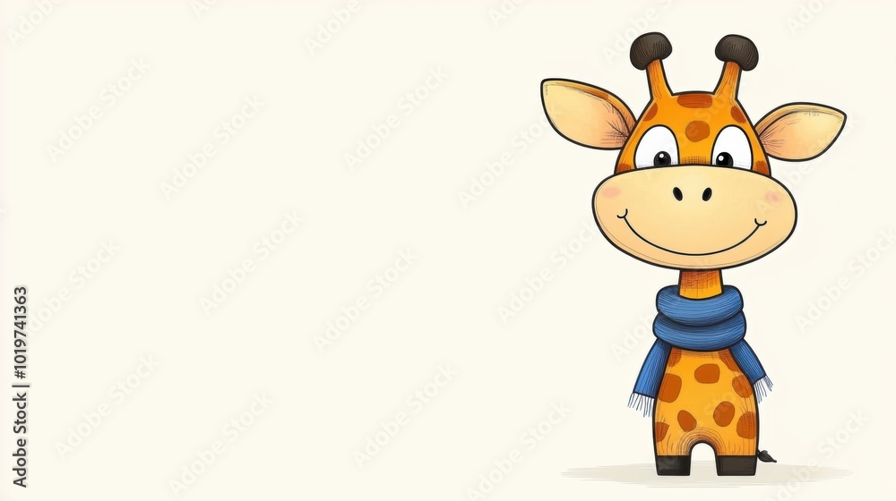 Obraz premium Cute Cartoon Giraffe Character Wearing Blue Scarf in Savanna