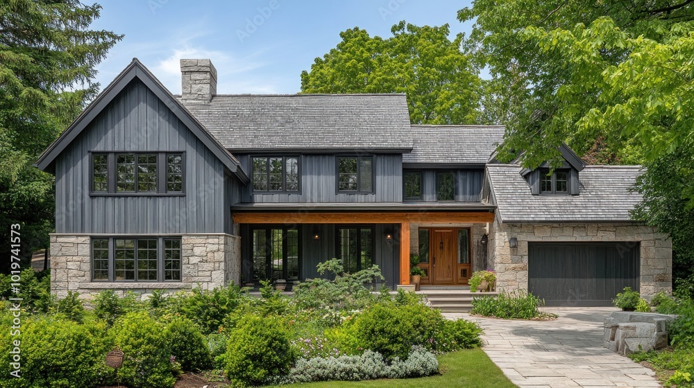 A modern home featuring a blend of stone and wood with lush greenery surrounding it. A modern home featuring a blend of stone and wood with lush greenery surrounding it.
