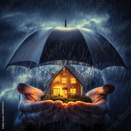 A digital infographic-style image showing hands holding a miniature house under a large umbrella, with a storm approaching. 