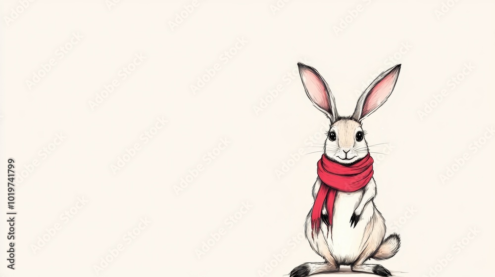 Cute Fluffy White Rabbit Wearing Red Scarf in Winter Nature Scene Cute Fluffy White Rabbit Wearing Red Scarf in Winter Nature Scene
