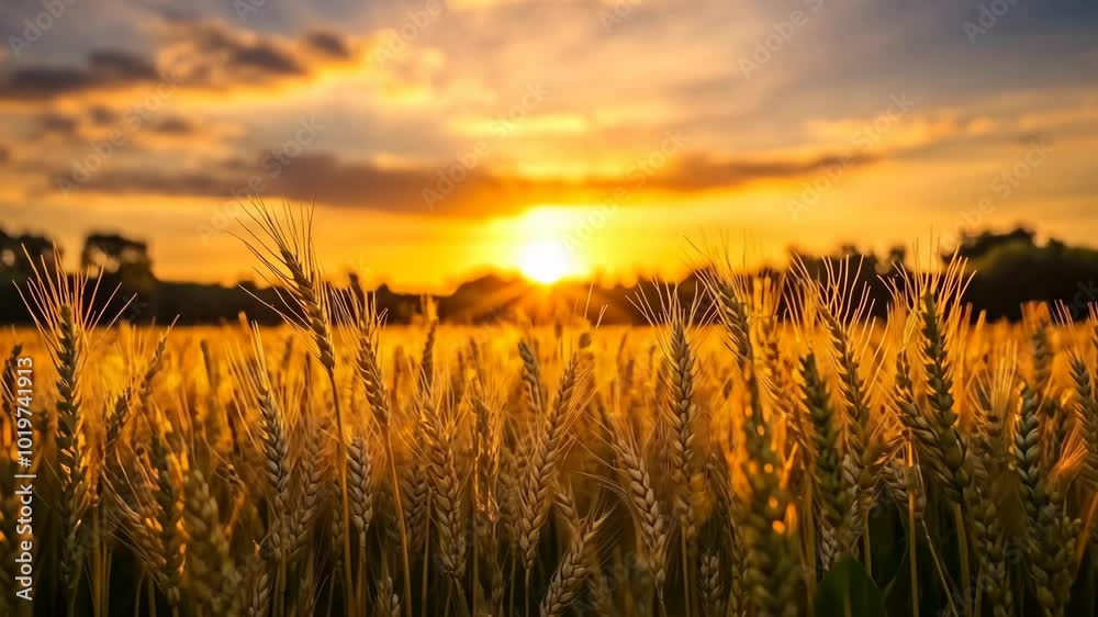 A field of golden wheat sways gently in the breeze as the sun sets in the distance, casting long shadows across the landscape A field of golden wheat sways gently in the breeze as the sun sets in the distance, casting long shadows across the landscape