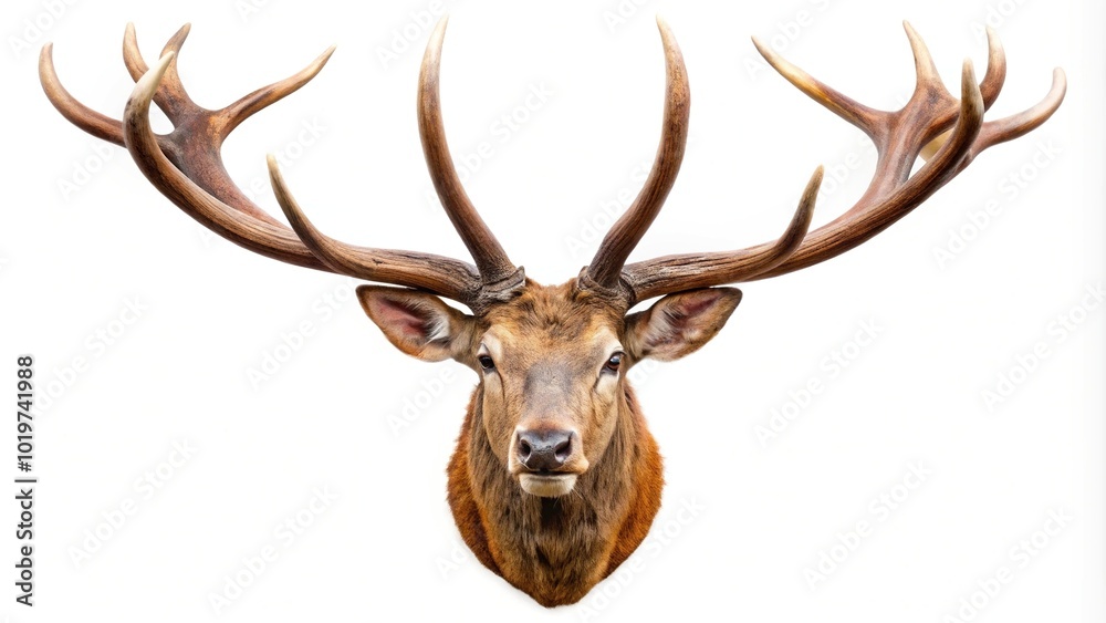 Big red deer antlers hunting trophy isolated on white point of view Big red deer antlers hunting trophy isolated on white point of view