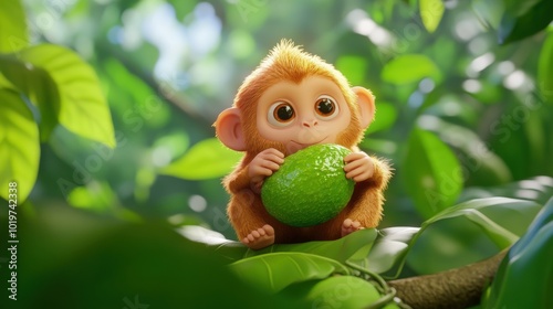 Curious Baby Monkey Holding Green Fruit in Lush Forest Foliage