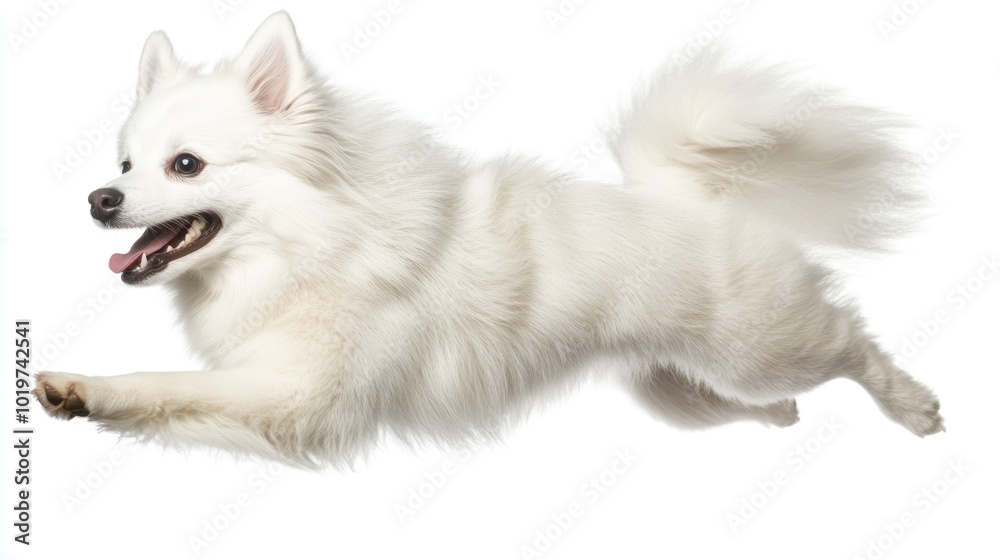 A fluffy white dog joyfully leaps in mid-air, showcasing its playful nature. A fluffy white dog joyfully leaps in mid-air, showcasing its playful nature.