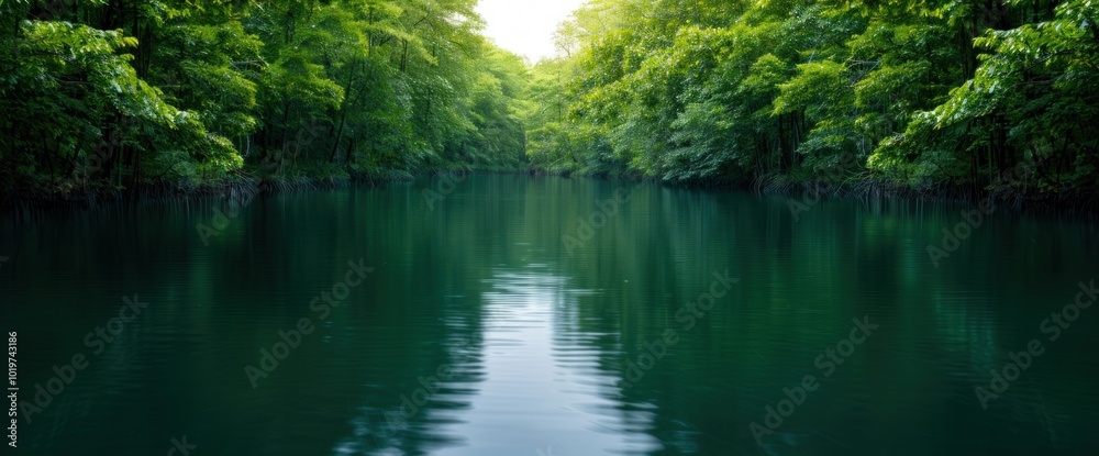 Tranquil River Flowing Through Lush Green Forest A Serene Nature Landscape Tranquil River Flowing Through Lush Green Forest A Serene Nature Landscape