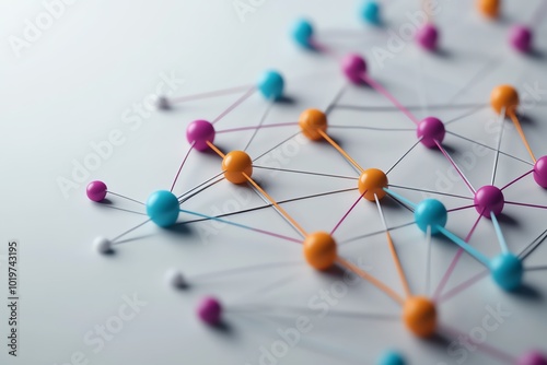 Close-up of colorful interconnected spheres representing a network or communication system on a light background.