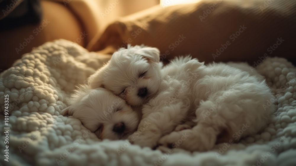 Two sleeping puppies snuggled together on a cozy blanket. Two sleeping puppies snuggled together on a cozy blanket.