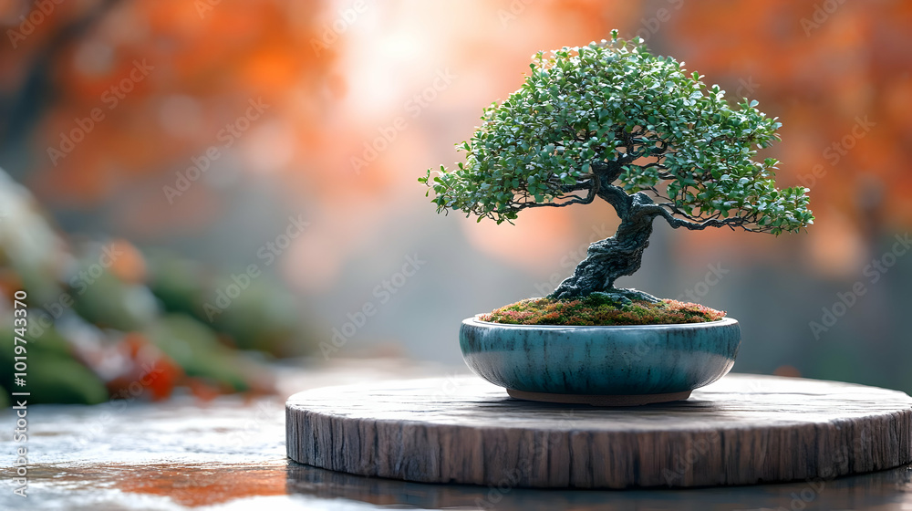 Bonsai Tree on Wooden Platform, Realistic Image Bonsai Tree on Wooden Platform, Realistic Image