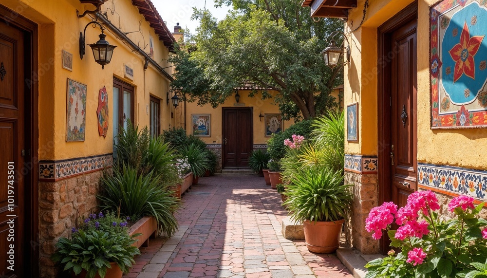 Naklejka premium Colorful courtyard with vibrant flowers and lush greenery in a sunny setting