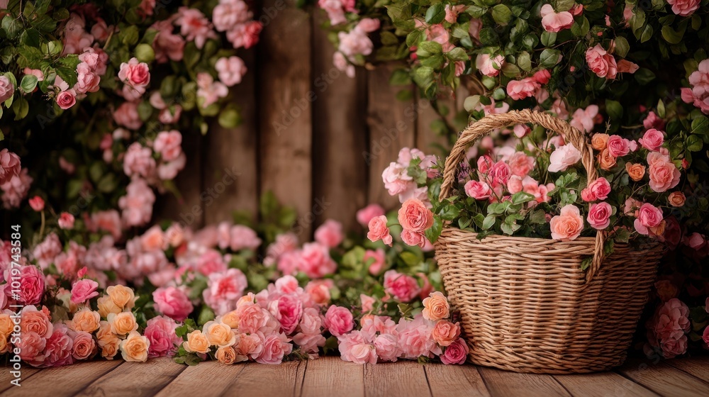 A beautiful arrangement of pink and orange flowers with a woven basket on a wooden floor. A beautiful arrangement of pink and orange flowers with a woven basket on a wooden floor.