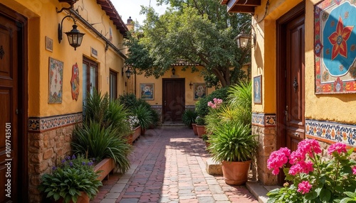 Colorful courtyard with vibrant flowers and lush greenery in a sunny setting