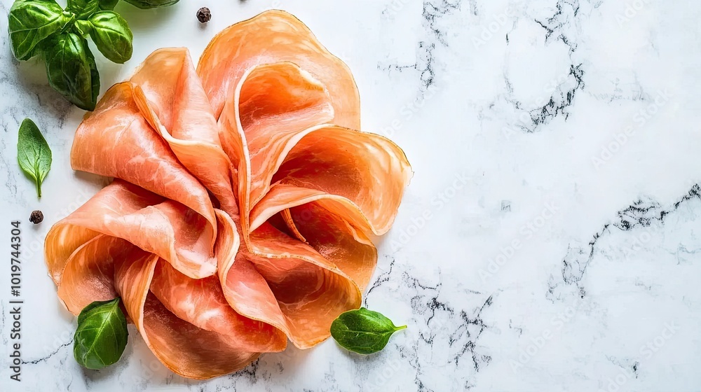 Elegant Presentation of Sliced Ham on Marble Surface Elegant Presentation of Sliced Ham on Marble Surface