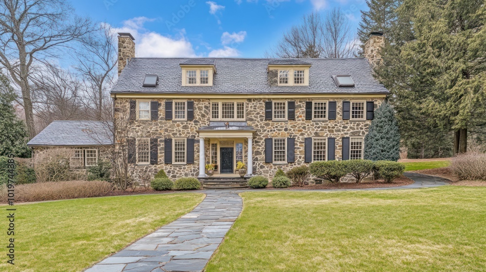 A charming stone house with a landscaped yard and pathway.