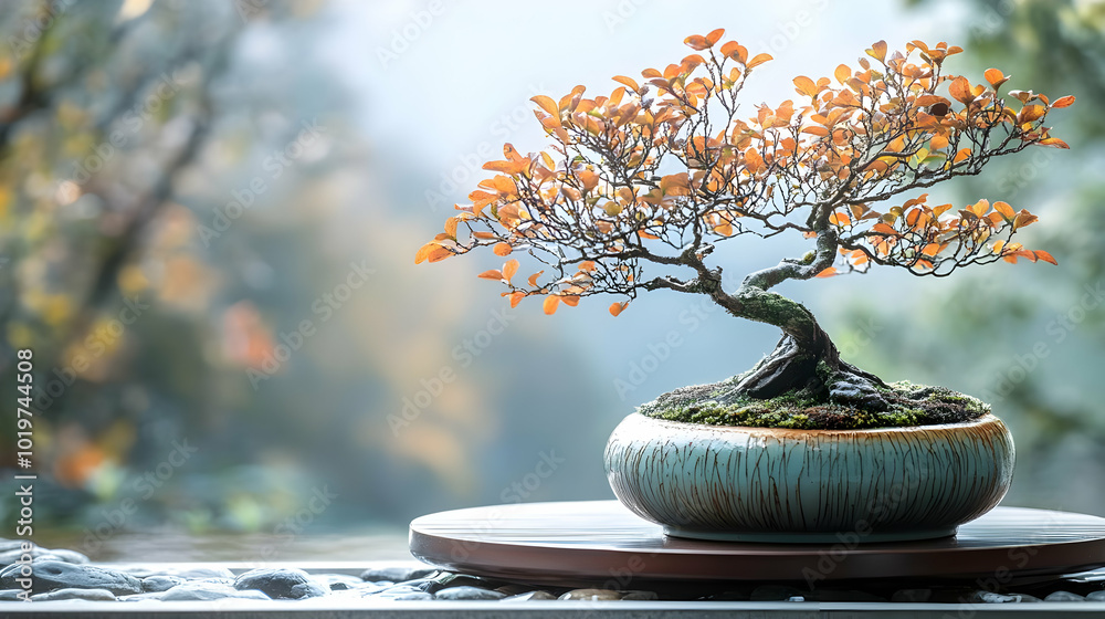 Bonsai Tree with Autumn Leaves in Pot on Wooden Stand - Realistic Image Bonsai Tree with Autumn Leaves in Pot on Wooden Stand - Realistic Image
