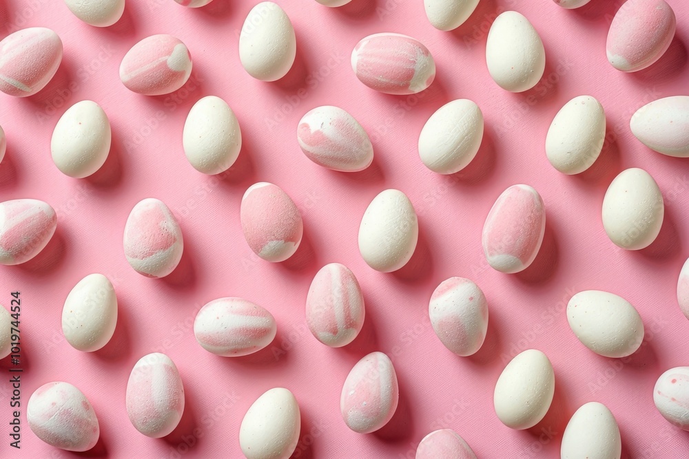 A pattern of small white and pink chocolate eggs on a pastel background, a flat lay top view with copy space for text