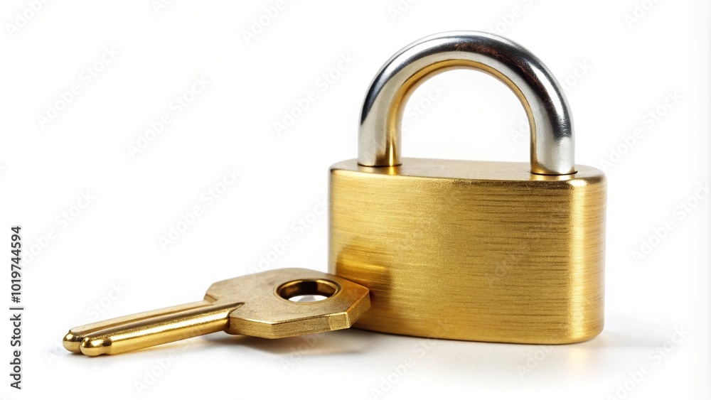 Asymmetrical golden padlock with a key isolated on white background Asymmetrical golden padlock with a key isolated on white background