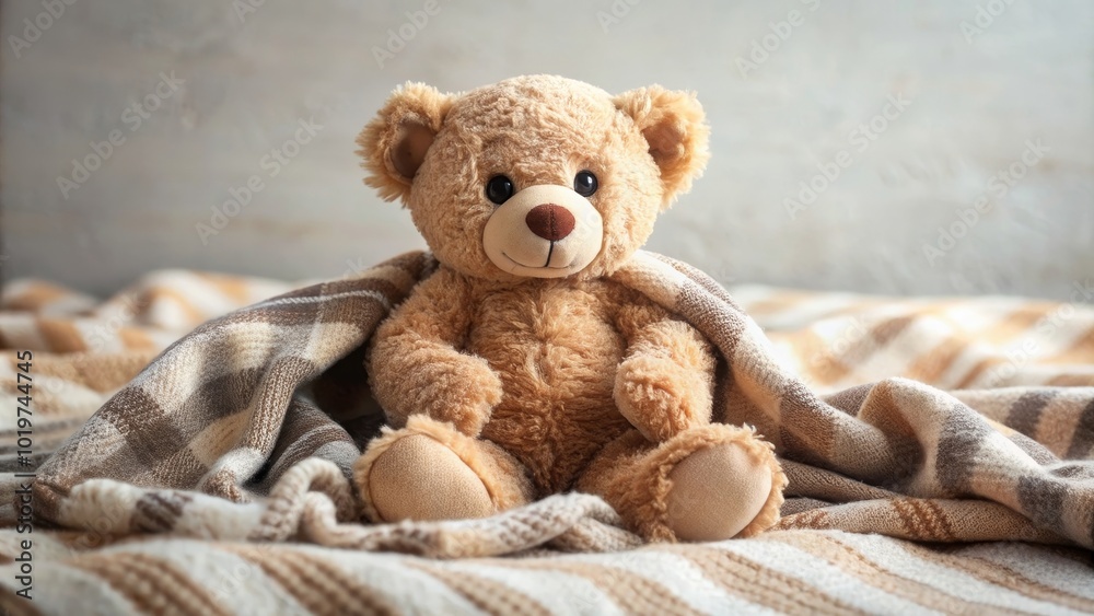 A cute teddy bear sitting on a cozy blanket, teddy bear, toy, plush, cuddly, soft, cute, blanket, sitting, comfort